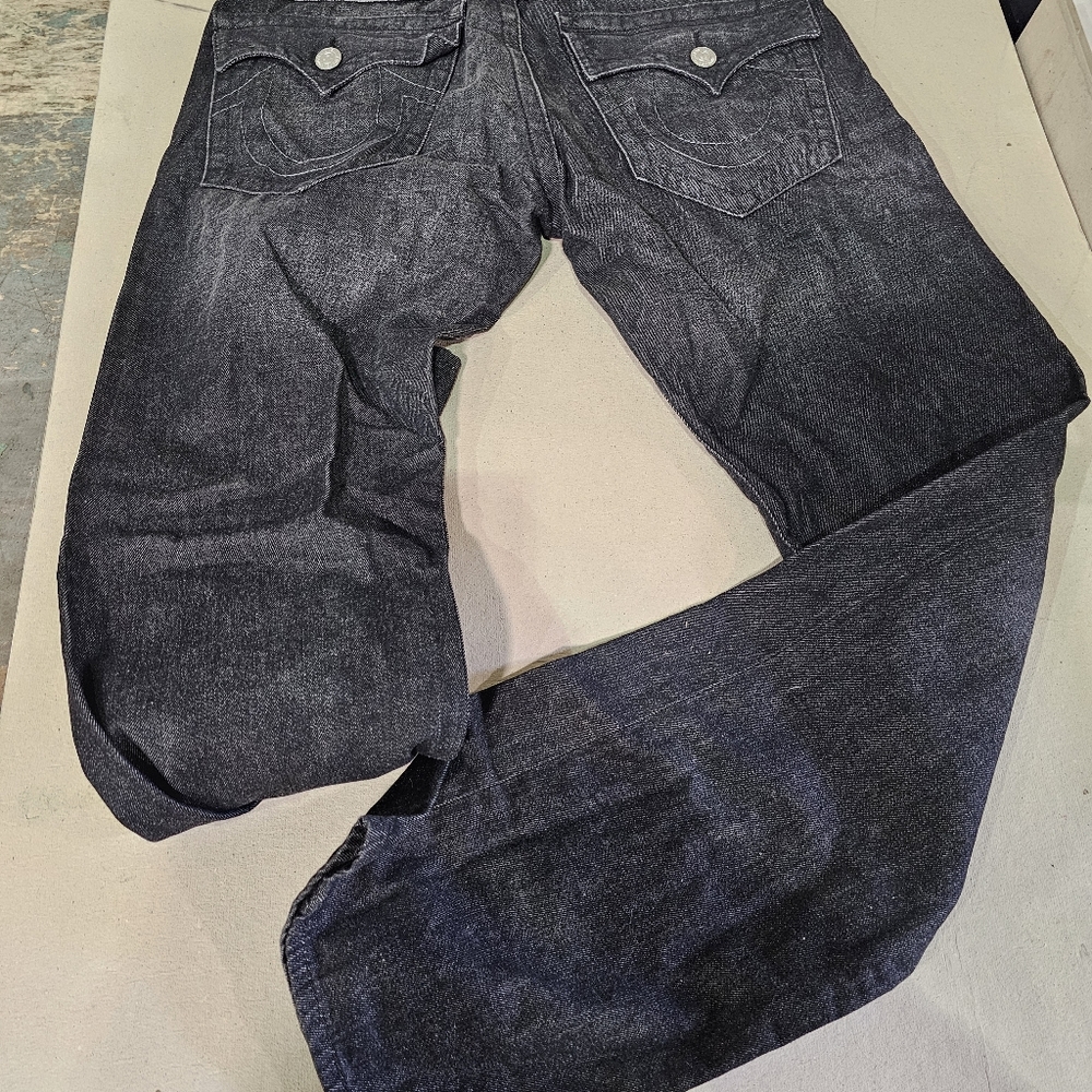 True Religion Straight Leg Jeans Size 32" Inseam 32" Black w/Black Stitch - Picture 10 of 16